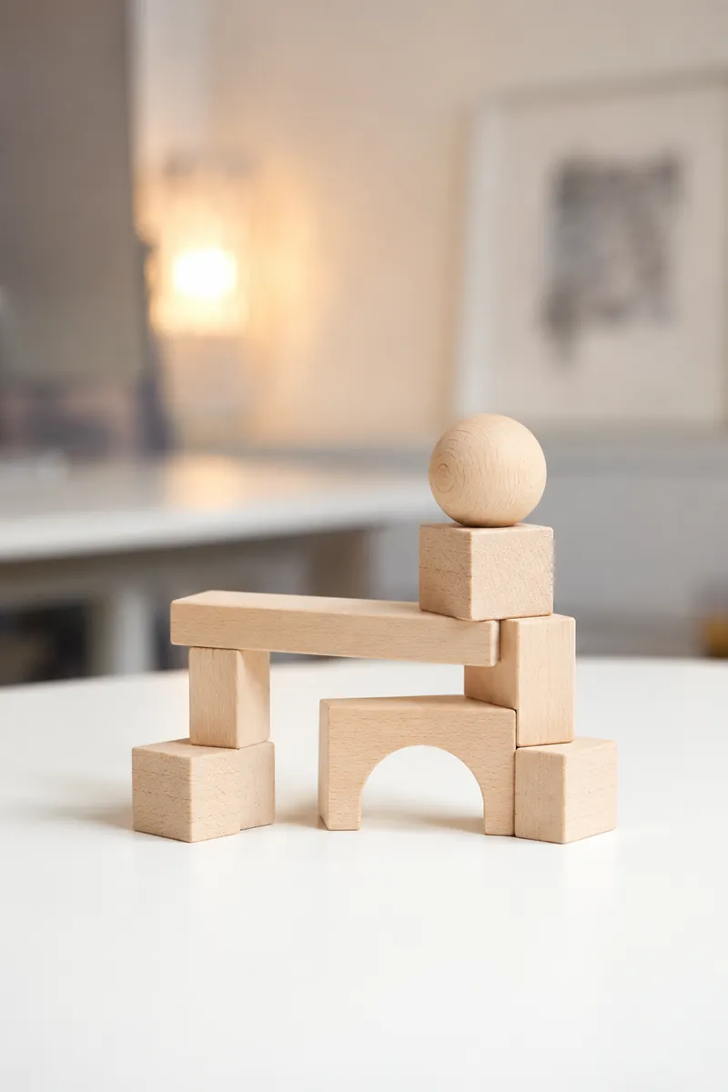 Estructura de blocs de fusta amb una bola a dalt